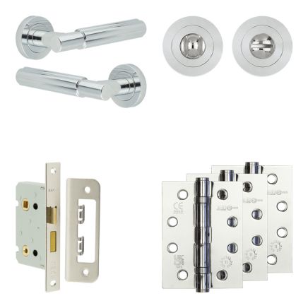 Complete Bloom Door Handle Pack - Bathroom Lock (Standard Thumb Turn) - Polished Chrome - 65mm / 4-inch Hinges - JE-B5A3-PC