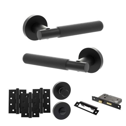Senza Pari Rosarno Door Handle Pack (Bathroom Set - 3" CE Bathroom Lock, 4" Fire Rated Hinges x3) - Matt Black