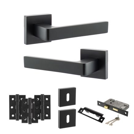 STATUS Montana Door Handle Pack (3 Lever Lock Set - 2.5" CE Sashlock, 3" Fire Rated Hinges x3) - Matt Black