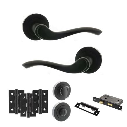 Old English Warwick Door Handle Pack (Bathroom Set - 2.5" CE Bathroom Lock, 3" Fire Rated Hinges x3) - Matt Black
