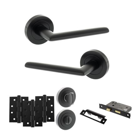 STATUS Alabama Door Handle Pack (Bathroom Set - 2.5" CE Bathroom Lock, 4" Fire Rated Hinges x3) - Matt Black