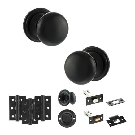 Old English Harrogate Door Knob Pack (Bathroom Set - 3" Deadbolt, 3" Fire Rated Hinges x3) - Matt Black