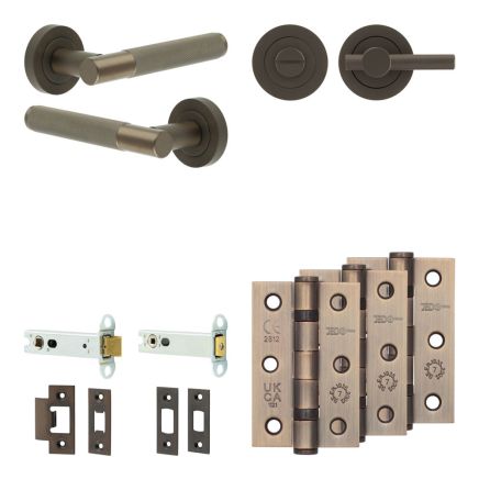 Complete Bari Door Handle Pack - Heavy Duty Tubular Bathroom (Knurled Thumb Turn) - Dark Bronze - 102mm / 3-inch Hinges - JE-D32B1-DB