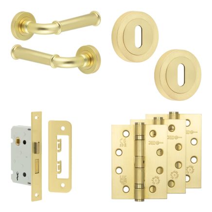 Complete Classic Door Handle Pack - Sashlock - Satin Brass - 65mm / 4-inch Hinges - JE-A7A8-SB