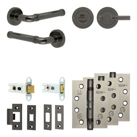 Complete Midtown Door Handle Pack - Heavy Duty Tubular Bathroom (Knurled Thumb Turn) - Black Nickel - 64mm / 4-inch Hinges - JE-G30A1-BN