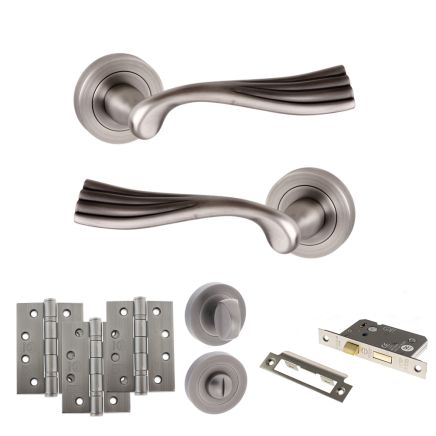 Old English Richmond Door Handle Pack (Bathroom Set - 2.5" CE Bathroom Lock, 4" Fire Rated Hinges x3) - Matt Gun Metal