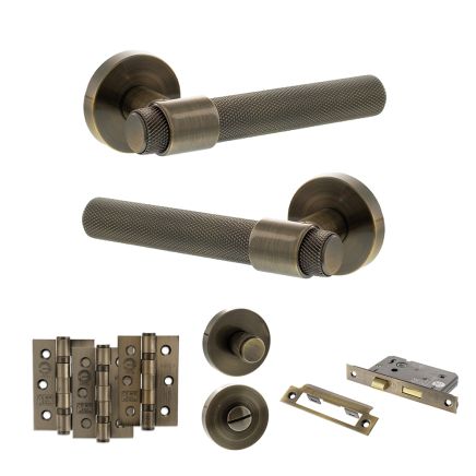 Senza Pari Andretta Door Handle Pack (Bathroom Set - 3" CE Bathroom Lock, 3" Fire Rated Hinges x3) - Antique Brass