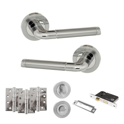 Eco Ocean Door Handle Pack (Bathroom Set - 2.5" CE Bathroom Lock, 4" Fire Rated Hinges x3) - Satin Chrome/Polished Chrome