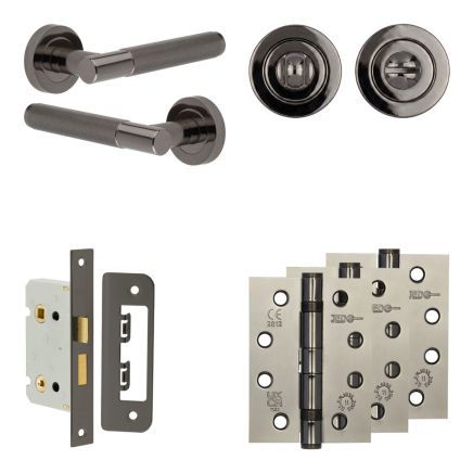 Complete Bari Door Handle Pack - Bathroom Lock (Standard Thumb Turn) - Black Nickel - 65mm / 4-inch Hinges - JE-D5A3-BN