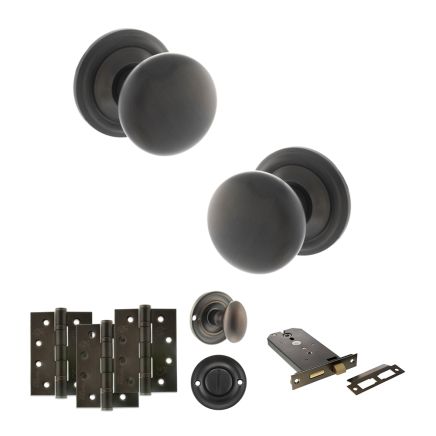Old English Harrogate Door Knob Pack (Lock Set - Horizontal Bathlock, 4" Fire Rated Hinges x3) - Urban Dark Bronze