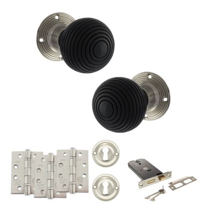 Old English Whitby Door Knob Pack (Lock Set - Horizontal Sashlock, 4" Fire Rated Hinges x3) - Satin Nickel