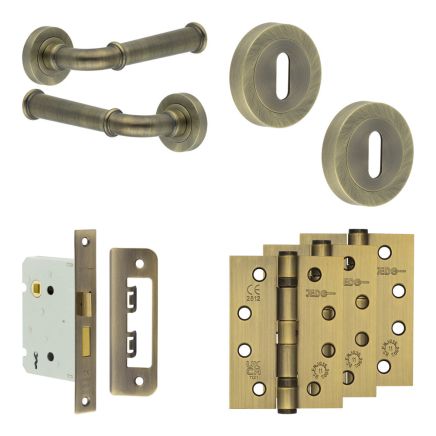 Complete Classic Door Handle Pack - Sashlock - Antique Brass - 76mm / 4-inch Hinges - JE-A8A8-AB