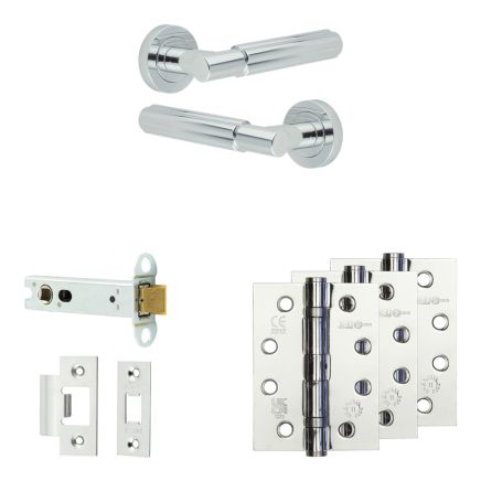 Complete Bloom Door Handle Pack - Heavy Duty Latch - Polished Chrome - 102mm / 4-inch Hinges - JE-B22A-PC
