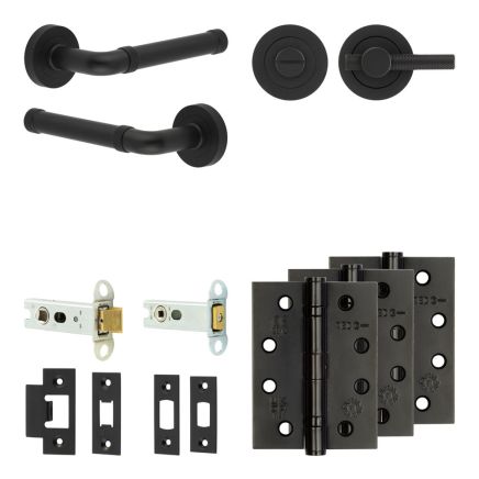 Complete Midtown Door Handle Pack - Heavy Duty Tubular Bathroom (Knurled Thumb Turn) - Matt Black - 76mm / 4-inch Hinges - JE-G31A1-MB