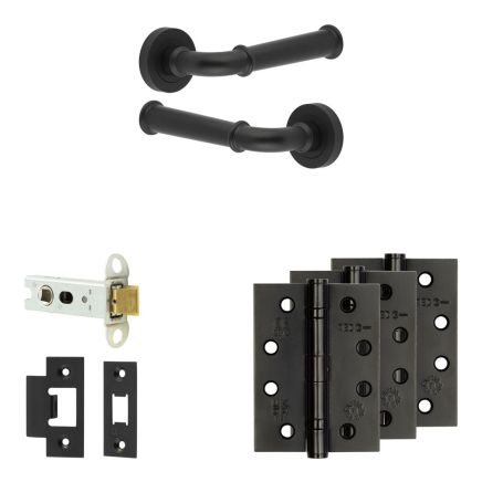Complete Classic Door Handle Pack - Heavy Duty Latch - Matt Black - 76mm / 4-inch Hinges - JE-A21A-MB