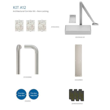 Zoo Hardware Fire Door Pack - FDP-A12-30/60 - Corridor - Non Locking - Architectural Version - Inc ZDC0024S - Stainless Steel