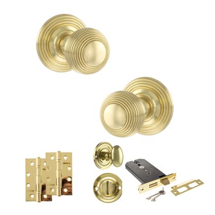Old English Ripon Door Knob Pack (Lock Set - Horizontal Bathlock, 4" Slim Knuckle Hinges x2) - Polished Brass
