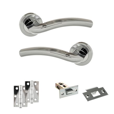 Eco Crest Door Handle Pack (Latch Set - 2.5" Latch, 3" Hinges x2) - Satin Chrome/Polished Chrome