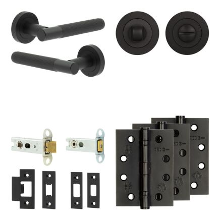 Complete Venice Door Handle Pack - Heavy Duty Tubular Bathroom (Standard Thumb Turn) - Matt Black - 76mm / 4-inch Hinges - JE-F31A3-MB
