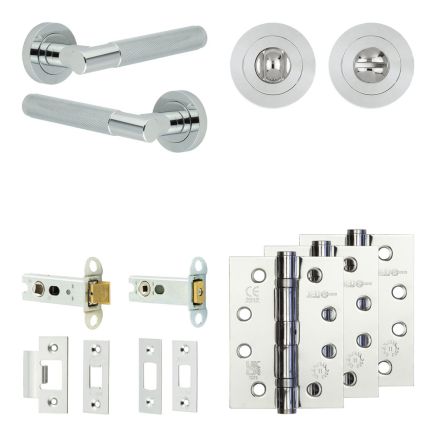 Complete Bari Door Handle Pack - Heavy Duty Tubular Bathroom (Standard Thumb Turn) - Polished Chrome - 76mm / 4-inch Hinges - JE-D31A3-PC