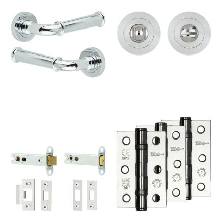 Complete Classic Door Handle Pack - Heavy Duty Tubular Bathroom (Standard Thumb Turn) - Polished Chrome - 102mm / 3-inch Hinges - JE-A32B3-PC