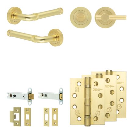 Complete Midtown Door Handle Pack - Heavy Duty Tubular Bathroom (Knurled Thumb Turn) - Satin Brass - 102mm / 4-inch Hinges - JE-G32A1-SB