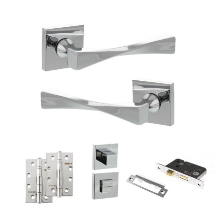 Senza Pari Guido Door Handle Pack (Bathroom Set - 3" CE Bathroom Lock, 4" Slim Knuckle Hinges x2) - Polished Chrome