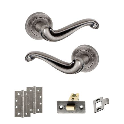 Old English Colchester Door Handle Pack (Latch Set - 2.5" CE Latch, 4" Slim Knuckle Hinges x2) - Distressed Silver