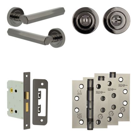 Complete Hex Door Handle Pack - Bathroom Lock (Standard Thumb Turn) - Black Nickel - 76mm / 4-inch Hinges - JE-C6A3-BN