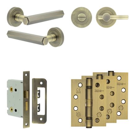 Complete Hex Door Handle Pack - Bathroom - Antique Brass - By Frelan Hardware - JE-C6A2-AB