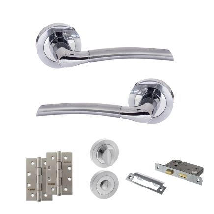 STATUS Indiana Door Handle Pack (Bathroom Set - 2.5" CE Bathroom Lock, 4" Slim Knuckle Hinges x2) - Satin Chrome/Polished Chrome
