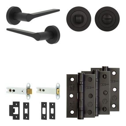 Complete Gio Door Handle Pack - Heavy Duty Tubular Bathroom (Standard Thumb Turn) - Matt Black - 102mm / 3-inch Hinges - JE-E32B3-MB