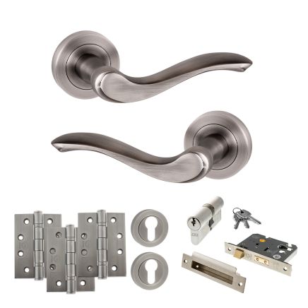 Old English Warwick Door Handle Pack (Euro Lock Set - 2.5" CE Sashlock, 4" Fire Rated Hinges x3) - Matt Gun Metal
