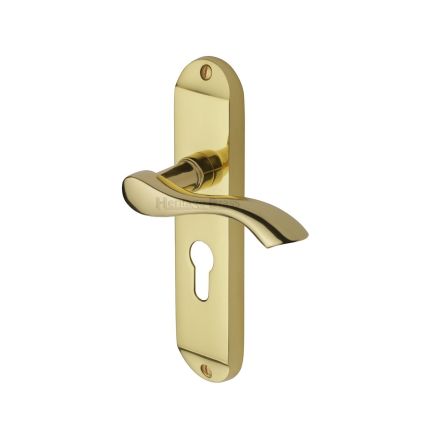 Heritage Brass Door Handle for Euro Profile Plate Algarve Design Polished Brass finish