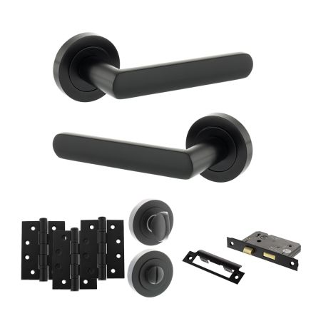 STATUS Carolina Door Handle Pack (Bathroom Set - 3" CE Bathroom Lock, 4" Fire Rated Hinges x3) - Matt Black