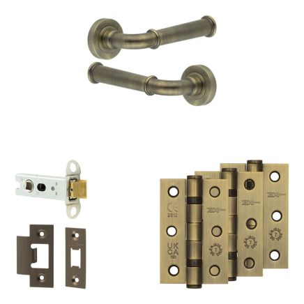 Complete Classic Door Handle Pack - Heavy Duty Latch - Antique Brass - 76mm / 3-inch Hinges - JE-A21B-AB