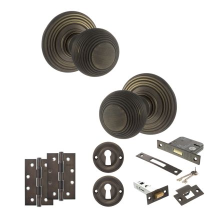 Old English Ripon Door Knob Pack (Lock Set - 3" Latch & Deadlock, 4" Slim Knuckle Hinges x2) - Urban Bronze