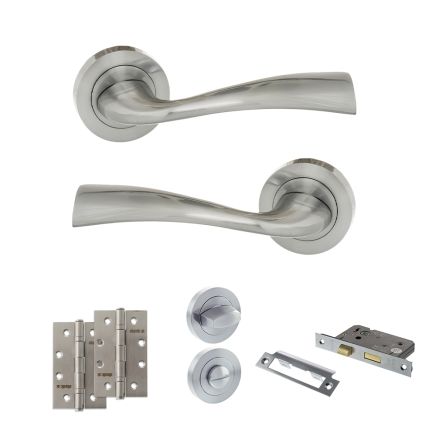 Eco Wave Door Handle Pack (Bathroom Set - 2.5" CE Bathroom Lock, 4" Slim Knuckle Hinges x2) - Polished Chrome