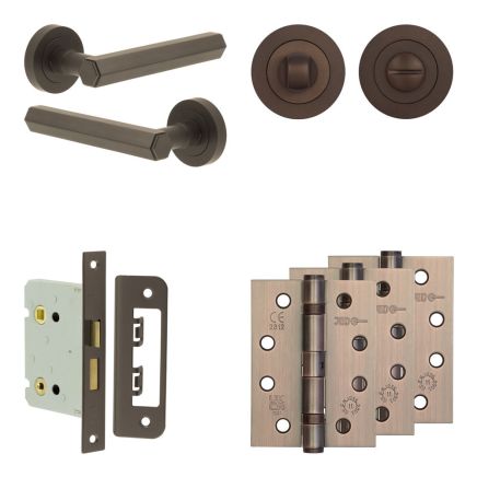 Complete Hex Door Handle Pack - Bathroom Lock (Standard Thumb Turn) - Dark Bronze - 76mm / 4-inch Hinges - JE-C6A3-DB