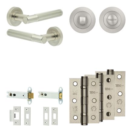 Complete Venice Door Handle Pack - Heavy Duty Tubular Bathroom (Standard Thumb Turn) - Satin Nickel - 102mm / 3-inch Hinges - JE-F32B3-SN