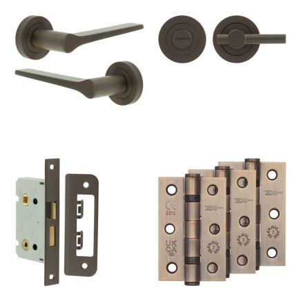 Complete Gio Door Handle Pack - Bathroom Lock (Plain Thumb Turn) - Dark Bronze - 65mm / 3-inch Hinges - JE-E5B2-DB