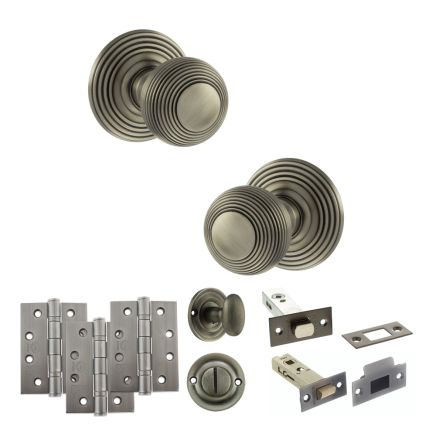 Old English Ripon Door Knob Pack (Bathroom Set - 3" Deadbolt, 4" Fire Rated Hinges x3) - Matt Gun Metal