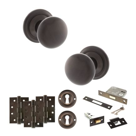Old English Harrogate Door Knob Pack (Lock Set - 3" Latch & Deadlock, 4" Fire Rated Hinges x3) - Urban Dark Bronze