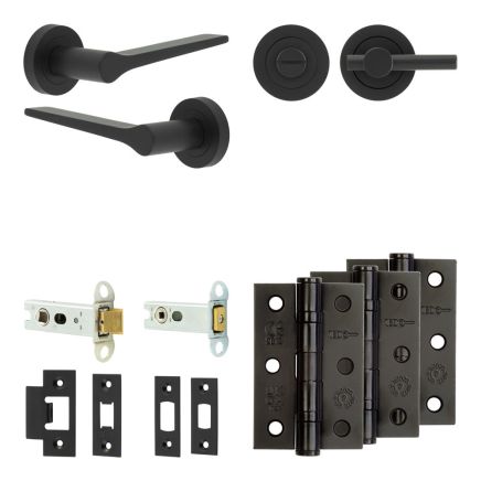 Complete Gio Door Handle Pack - Heavy Duty Tubular Bathroom (Plain Thumb Turn) - Matt Black - 76mm / 3-inch Hinges - JE-E31B2-MB