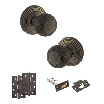 Old English Ripon Door Knob Pack (Latch Set - 3" HD Latch, 4" Slim Knuckle Hinges x2) - Urban Bronze