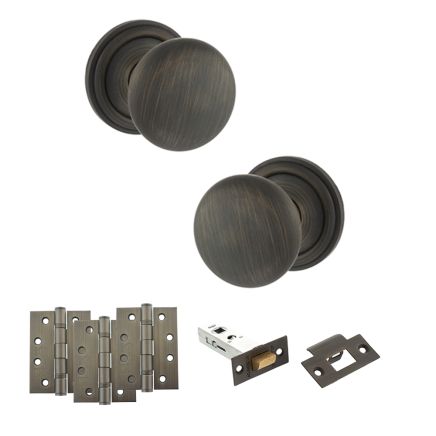 Old English Harrogate Door Knob Pack (Latch Set - 4" HD Latch, 4" Fire Rated Hinges x3) - Urban Bronze