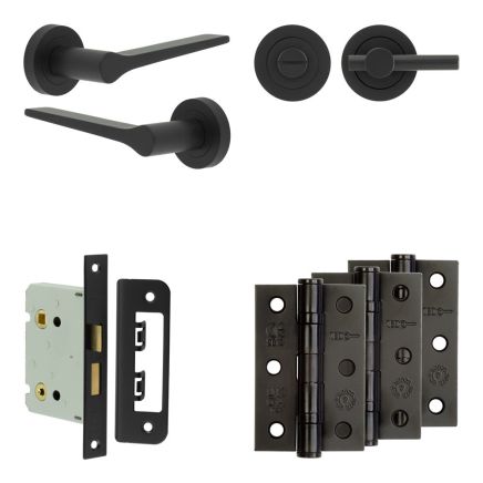 Complete Gio Door Handle Pack - Bathroom Lock (Plain Thumb Turn) - Matt Black - 76mm / 3-inch Hinges - JE-E6B2-MB