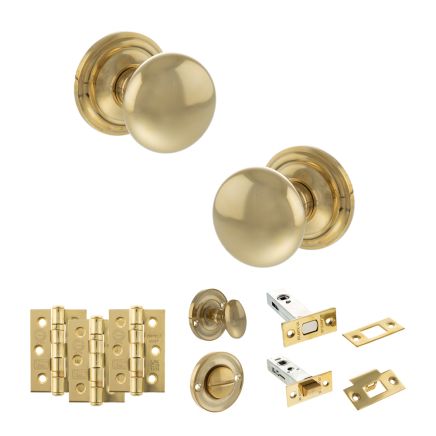 Old English Harrogate Door Knob Pack (Bathroom Set - 4" Deadbolt, 3" Fire Rated Hinges x3) - Raw Brass
