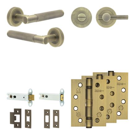 Complete Bari Door Handle Pack - Heavy Duty Tubular Bathroom (Knurled Thumb Turn) - Antique Brass - 102mm / 4-inch Hinges - JE-D32A1-AB