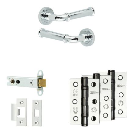 Complete Classic Door Handle Pack - Heavy Duty Latch - Polished Chrome - 102mm / 3-inch Hinges - JE-A22B-PC